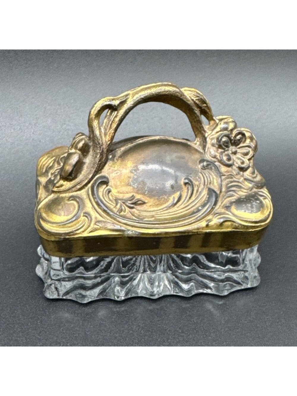 Vintage Glass Vanity Casket Jar Art Nouveau Bronze Gold Floral Ornate Metal Lid